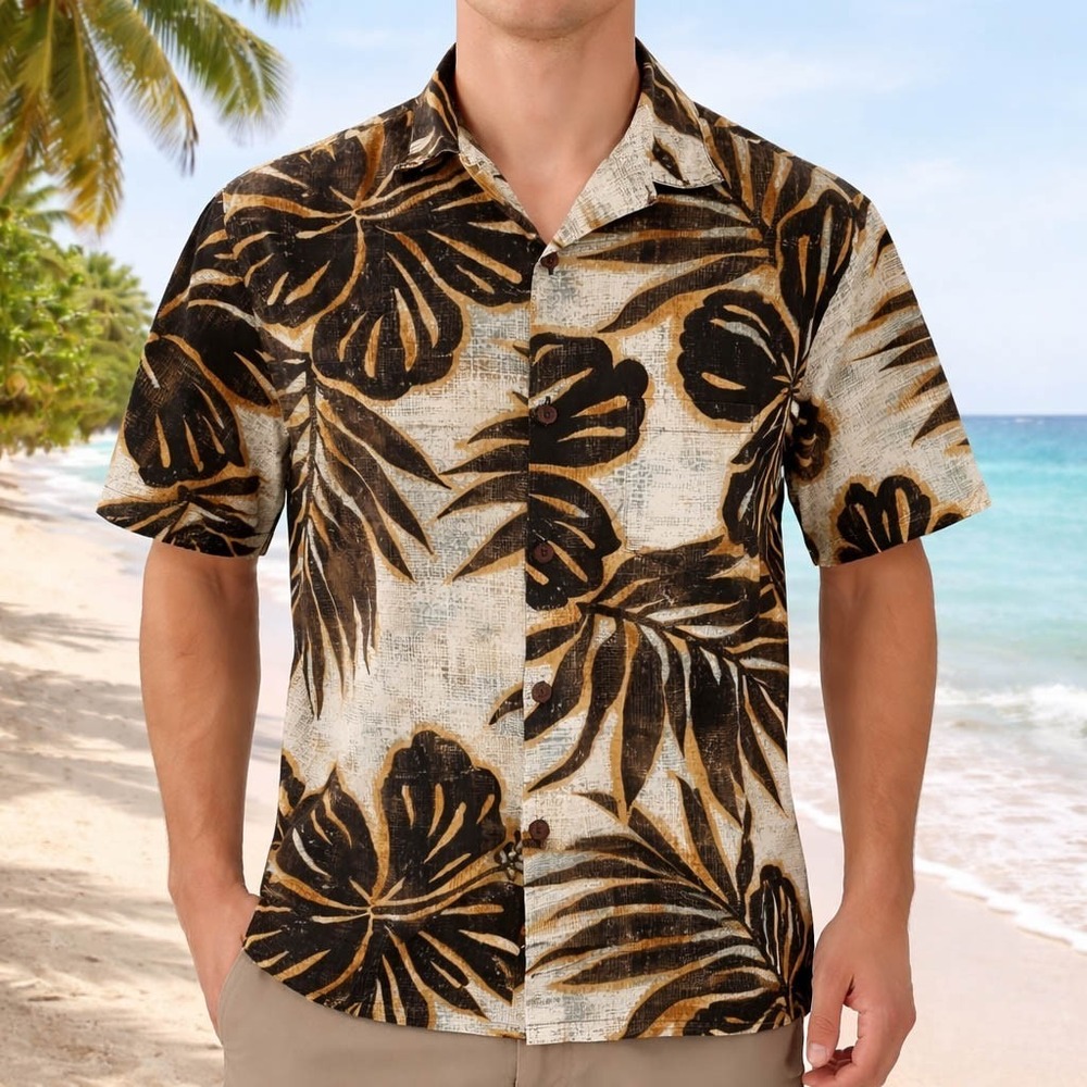 Hilo‎ Hattie Hawaiian Aloha Shirt Medium Floral Tropical Leaves Cross-Hatch